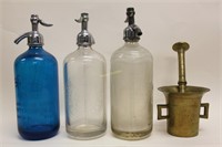 Antique Pharmacy Items:(3) Seltzers, Mortar/Pestle