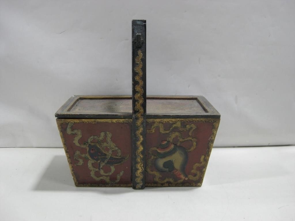 Vtg 14"x 8"x 13" Asian Red Lacquer Carrying Box