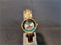 Ladies Gold Plated Band Watch w/ CZ Teal Stones