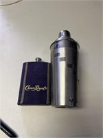 Cocktail shaker and Crown Royal flask;