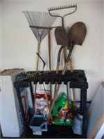 Tool holder, shovels rakes, sickle, potting soil,