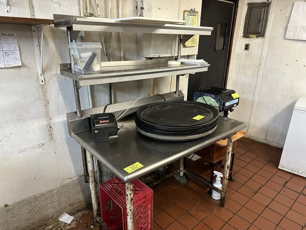 SS TABLE W BACKSPLASH AND DOUBLE OVER-SHELF