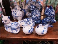 Eight blue and white china items: two figural