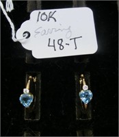 T- pair 10K Gold earrings w/blue & clear stones