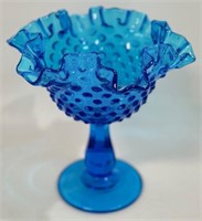 PRETTY VINTAGE BLUE HOBNAIL GLASS FOOTED COMPOTE