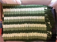 Knitted Green and White Striped Throw