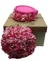 Vntg Pink Floral Pill Box Hat w/ Purse