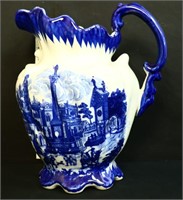 Blue transferware water pitcher