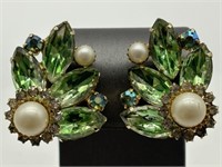 1950's Green, AB & Faux Pearl Cluster Earrings