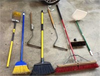 Brooms including Libman, dog scoop,rake,  garden