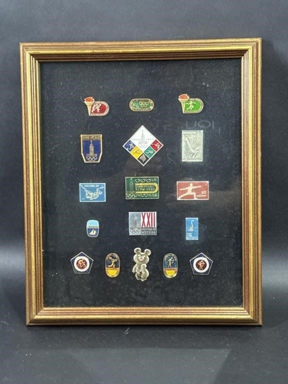 1979 Russian Olympics Lapel Pin Collection Framed