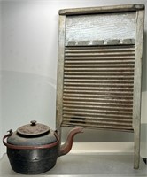 Wash Board & Cast Iron Kettle See Photos for