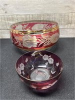 Vintage Bohemian Czech Cranberry Glass & Gold Bowl