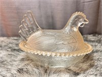 Vintage Clear Glass Chicken on a Basket Dish