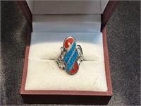 Native American ring with Turquoise and Coral SZ 5
