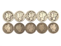 10 Silver Dimes, 5 Barber, 5 Mercury, US Coins