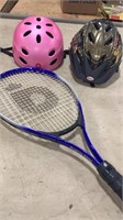 Bicycle helmet, tennis racket