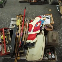 Tool box, rake, axe, crutches