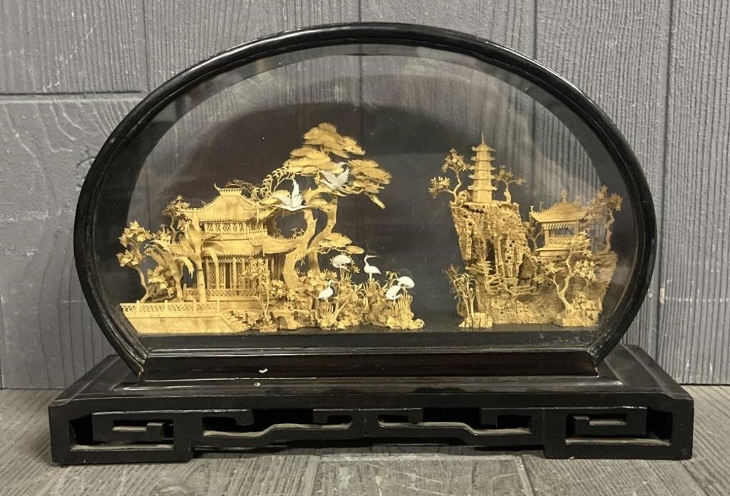 Chinese Cork Carving Diorama Shadow Box