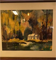 SIGNED LETTAH FRAMED WATERCOLOR LAKEHOUSE