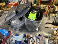 Motorcycle helmet, neck cushions, shield, etc