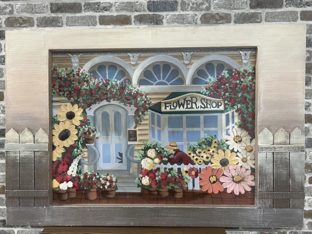 Framed Oil on Canvas of Flower Shop