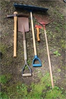 Hatchet, square shovel, metal tine leaf rake,