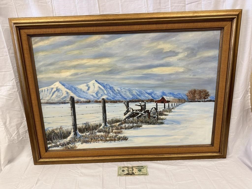 Original Snowy Farm Scene Oil Painting