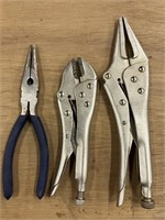 2 locking pliers and 1 needle nose plier