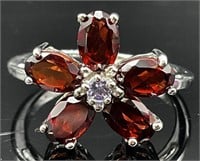 Sterling Red Stone Flower Ring, Sz 7