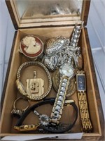 JEWERLY BOX OF ASSORTED COSTUME AND WATCHES