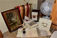 Bath decor - curtain, rugs, fan