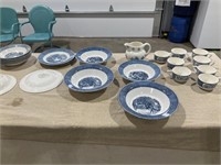 Currier & Ives plates, bowls, tea cups