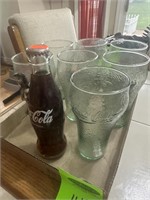 7 Glass Coke Glasses & Coke Bottle w/Lady glued on