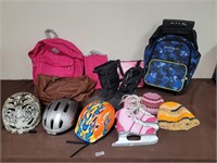 Back packs, helmets, hats, skates, boots, etc