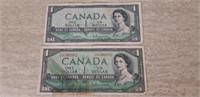 2 Circulated 1954 One Dollar Bills