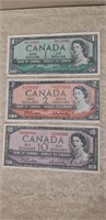 1,2 and 10 Dollar Bills CDN from 1954