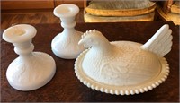 Milk Glass Nesting Hen and Candle Holders