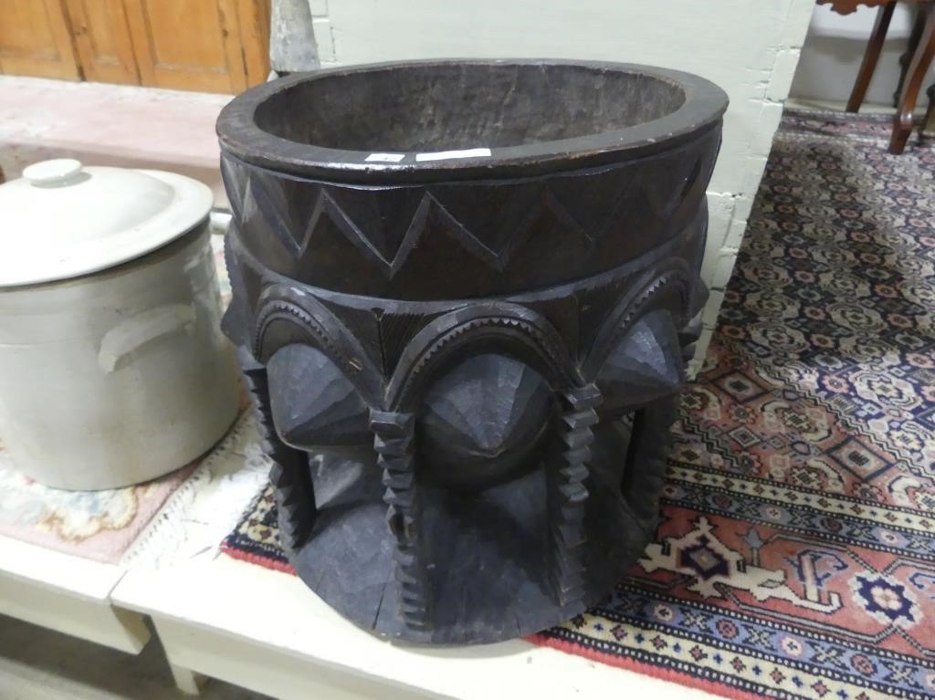 LARGE AFRICAN CARVED BLACKWOOD GRINDING MORTAR