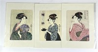 Three Geishas' Wood Block Prints by Kitagawa