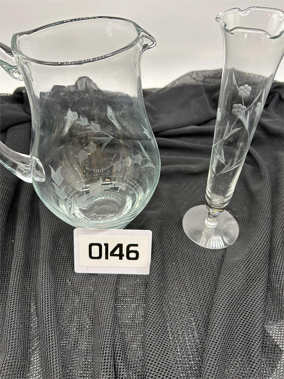 Etched Glass Pitcher and Vase