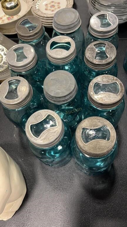 11 BLUE BALL JARS W/ ZINC LIDS AND 2 ANTLER CANDLE
