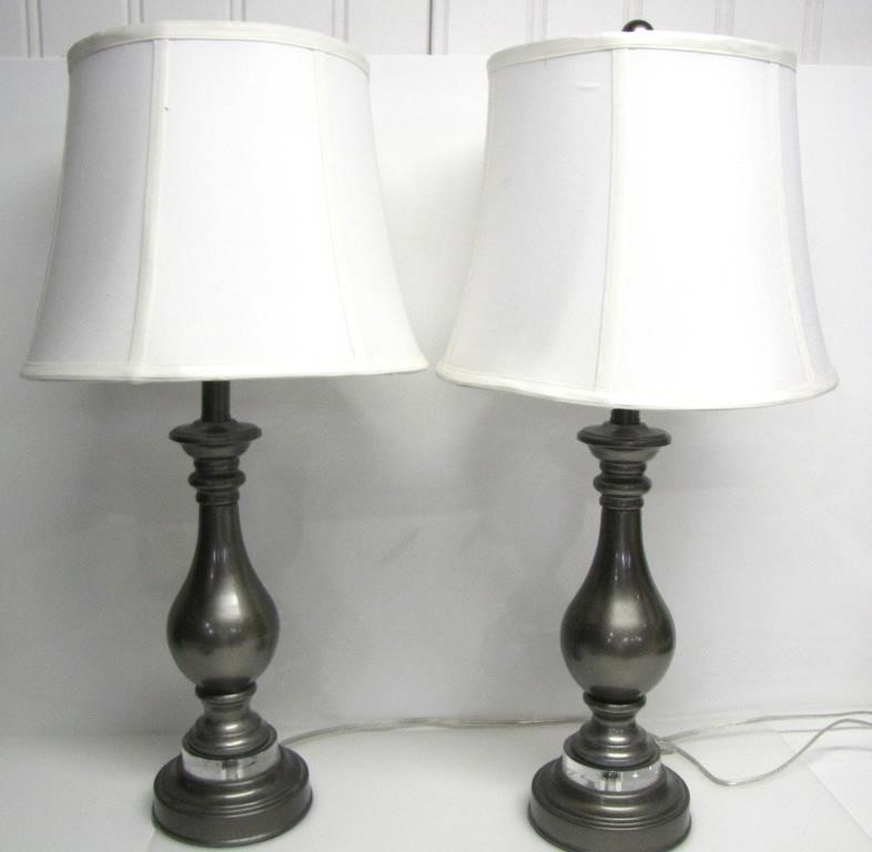 PAIR OF SILVER TONED BASE LAMPS WORKING