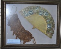 PAINTED FAN AND BEADED PURSE - FRAMED
