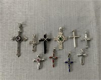 Lot of 10- Various Sterling Cross Pendants