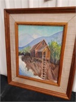 Framed vintage painted canvas picture Marked