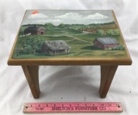 Hand Painted Country Scene Wooden Footstool