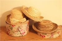 Floral Hat Box w/ 3 Ladies Straw Hats