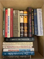 Box lot with books, bell of Africa, hunting books,
