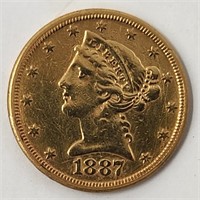 1887 P $5 Liberty Head Five Dollar Gold Coin 8.3g
